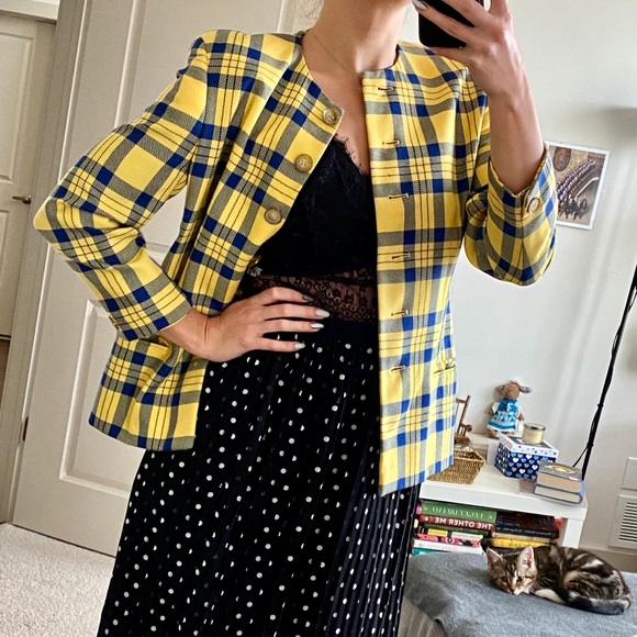 🍁Bright yellow Checkered Wool Jacket - Picture 6 of 13